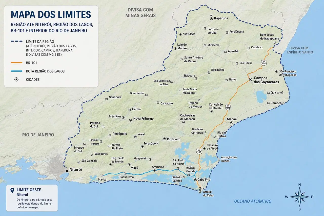 Mapa da área de atuação do Instituto Myth, da Região dos Lagos ao interior do Rio de Janeiro